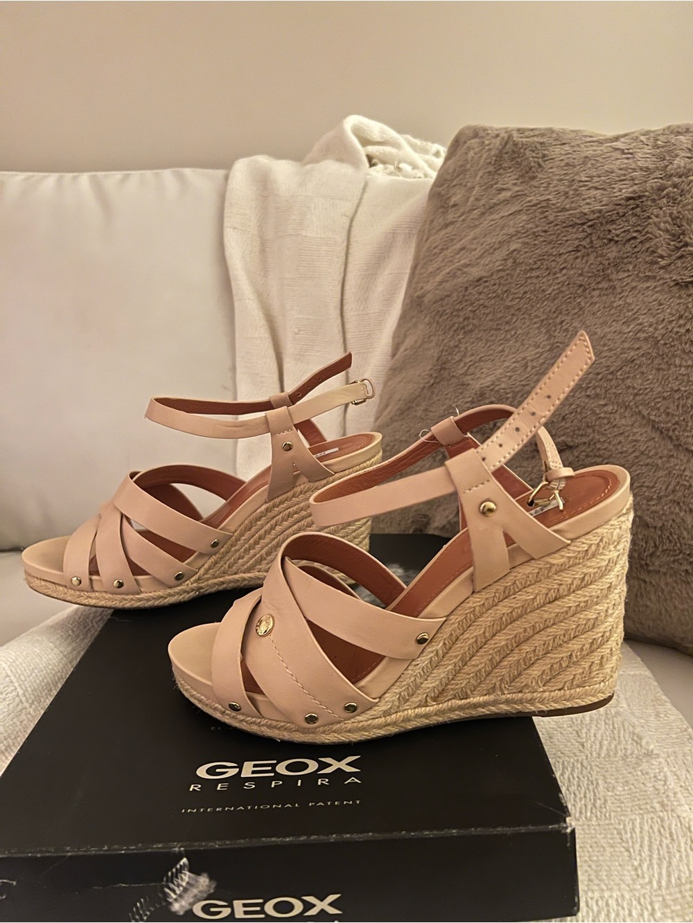 Geox Nude Leather Espadrille Wedge Sandals